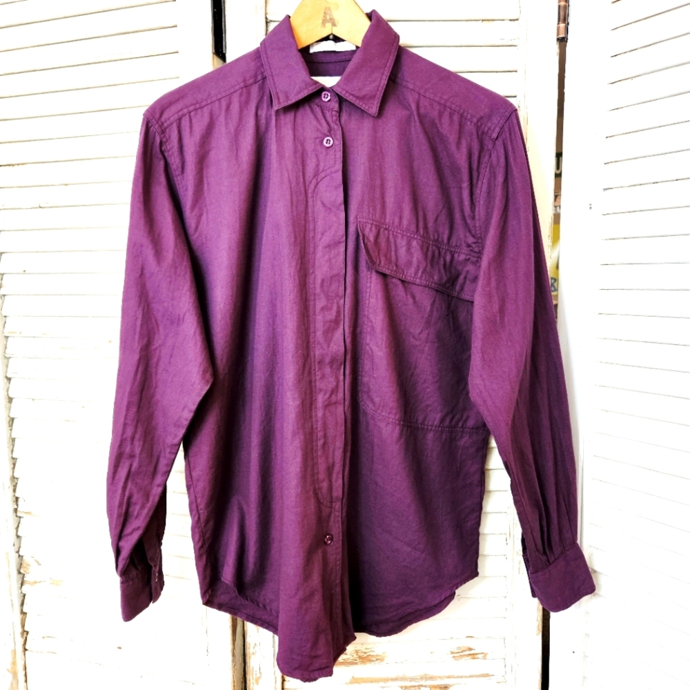 Vintage 90s Plum Purple 100% Cotton Shirt With Large Pocket Small/Medium